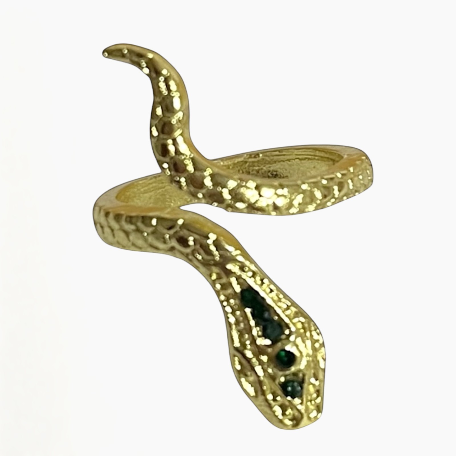 Gold Tone Snake Ring 7.5 Green Rhinestone Wrap Coiled Serpent Mythology Magic