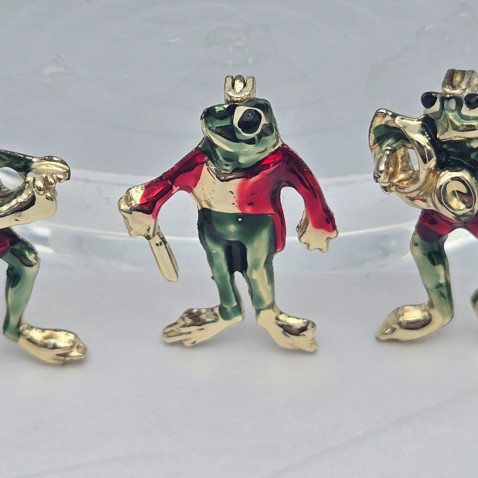 Frog Music Band Enamel Brooch Set of 3 Green Red Gold Novelty Pins Quirky