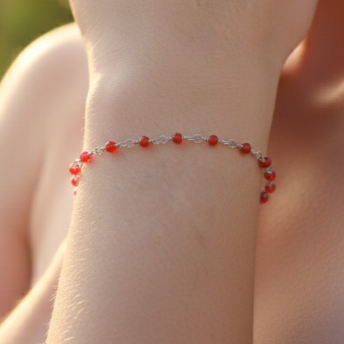 Delicate Minimalist Silver Tone Beaded Bracelet with Vibrant Ruby Red Stones