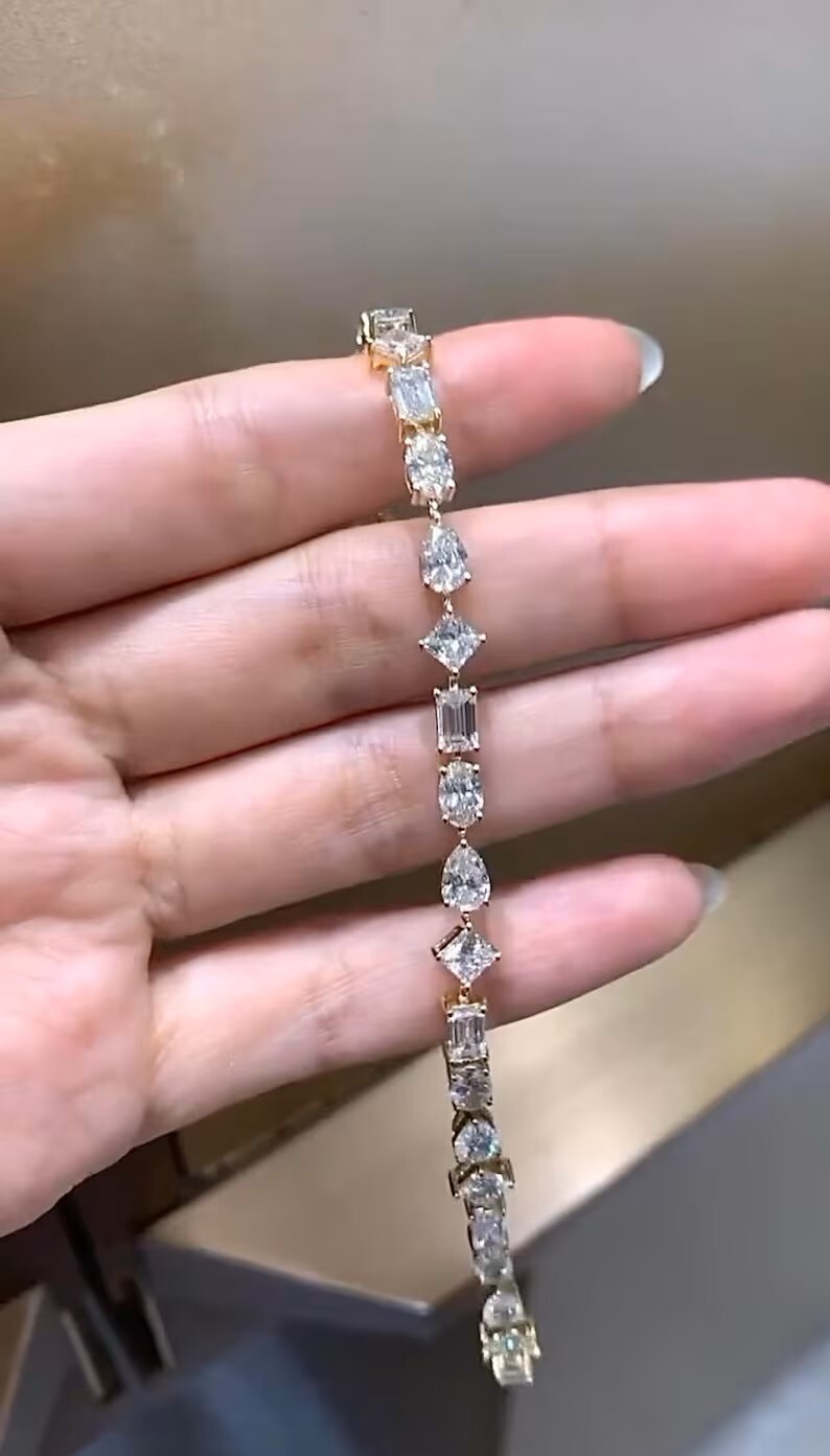 Multi Shape Link Chain Bracelet 925 Silver Lab created Moissanite gift Bracelet