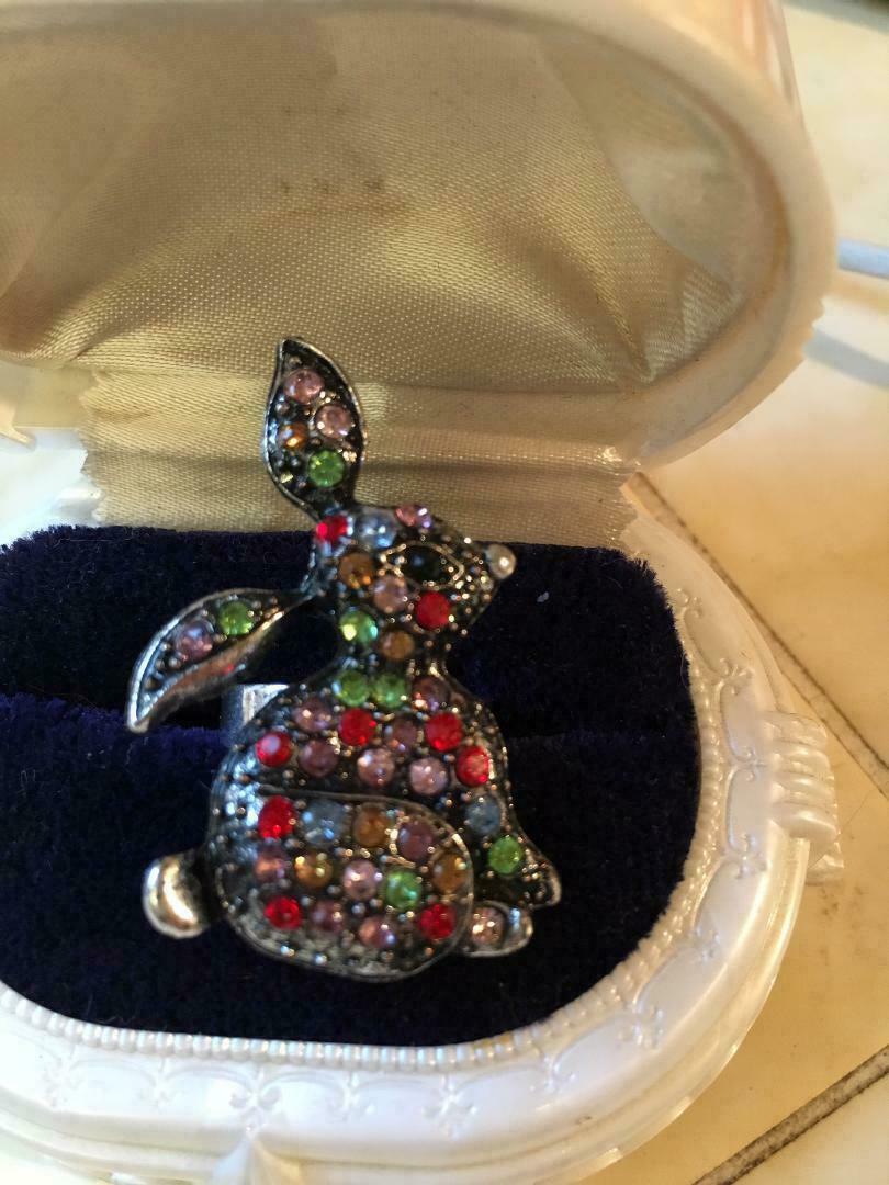 Silver or Gold Plate Rabbit Bunny Ring Size 6 1/2 in 10 Color Crystal Options
