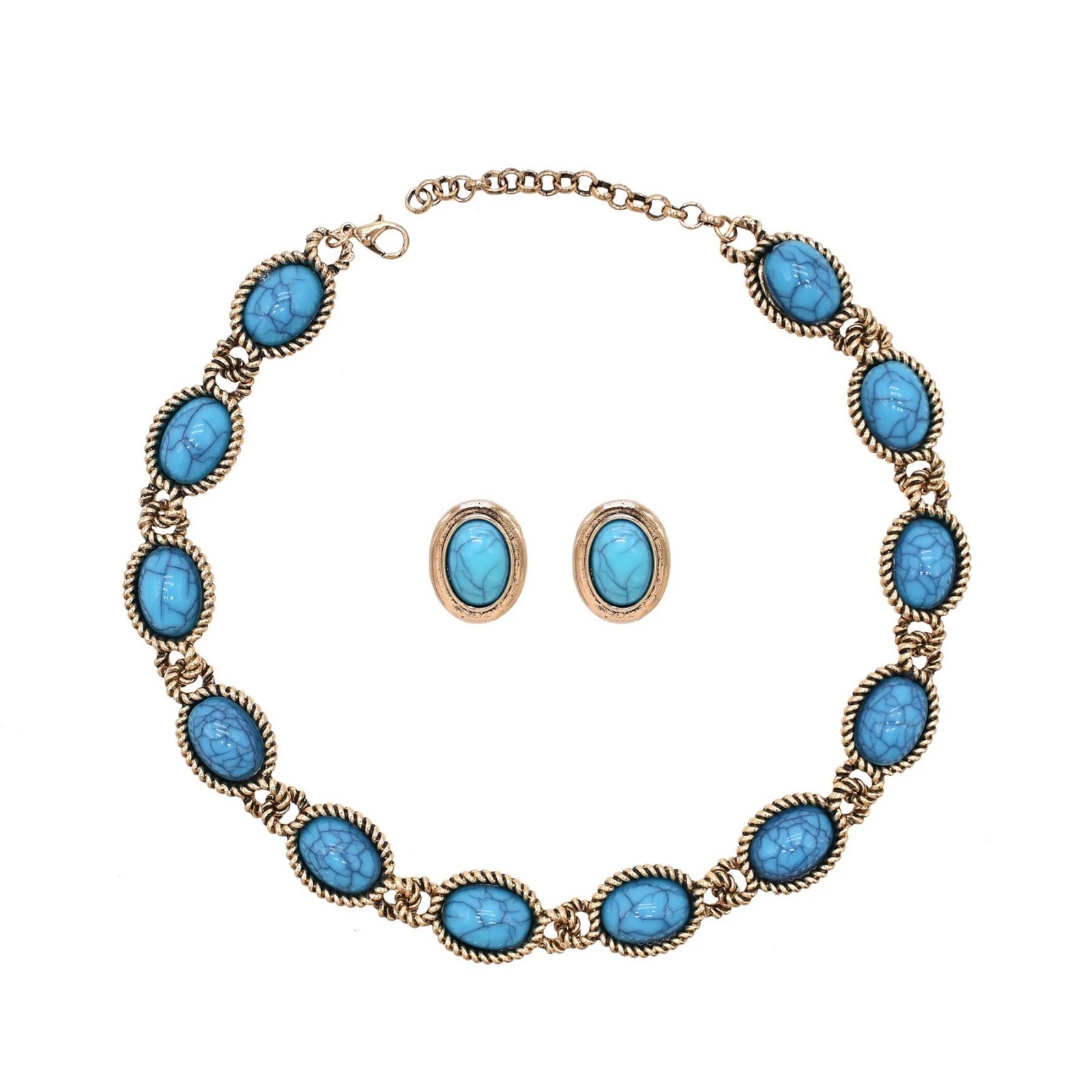 Jewelry Set Western Vintage Turquoise Gold Plated Finish Choker Necklace Earring
