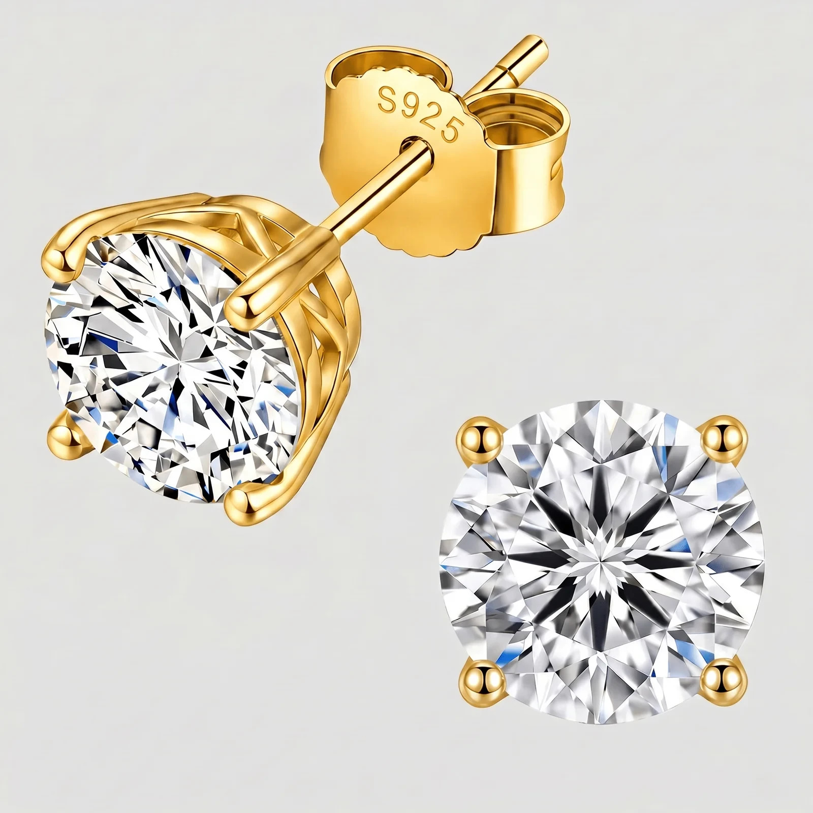 Flawless Diamond Stud Earrings, 925 Sterling Silver, 0.5ct, 1ct, 2ct