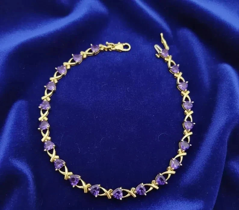 8.68 Ct Trillion Cut Natural Amethyst Tennis Bracelet 14K Solid Yellow Gold
