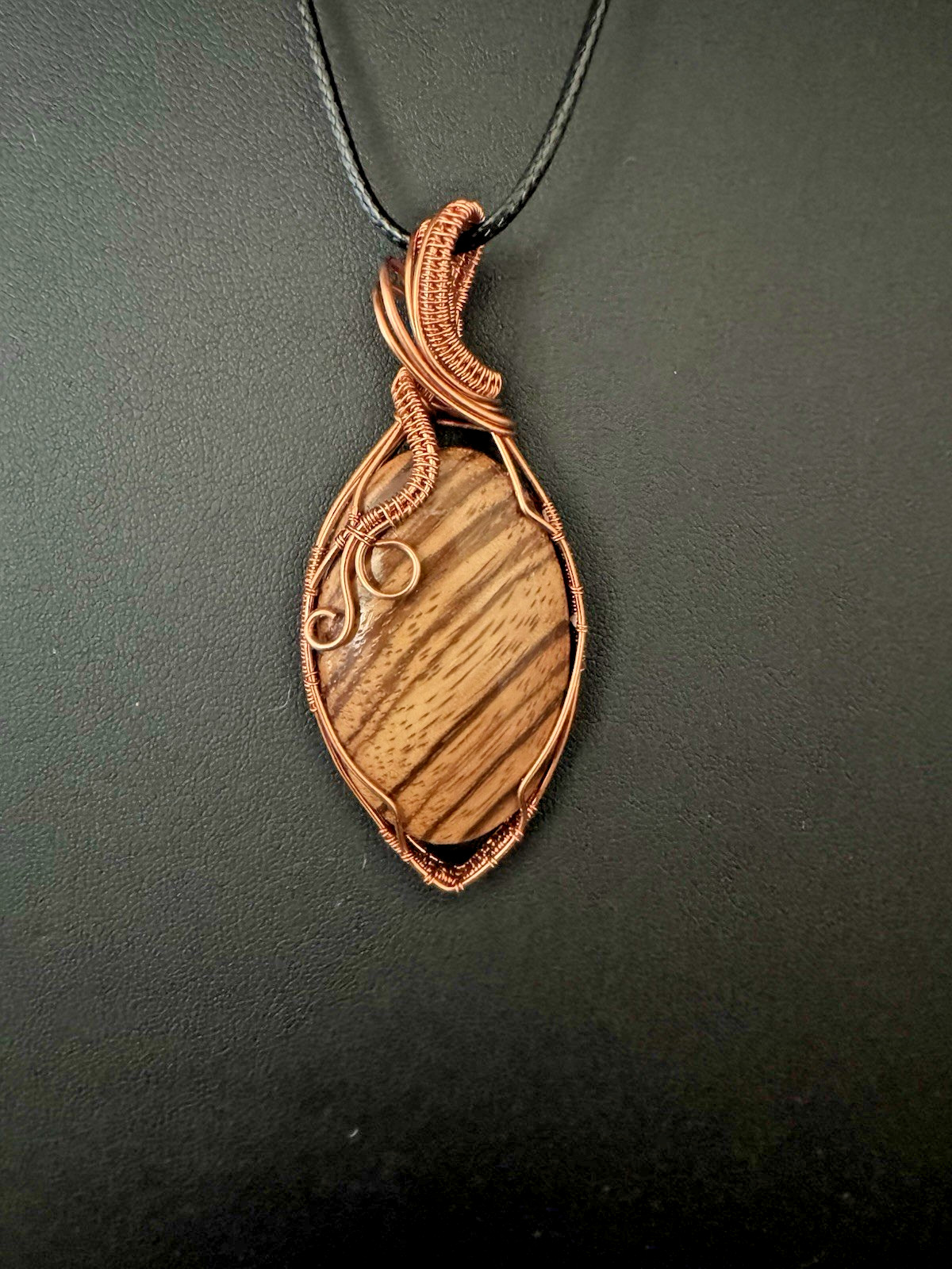 Handmade Wire Wrapped Natural Zebra wood Pendant Copper Wire