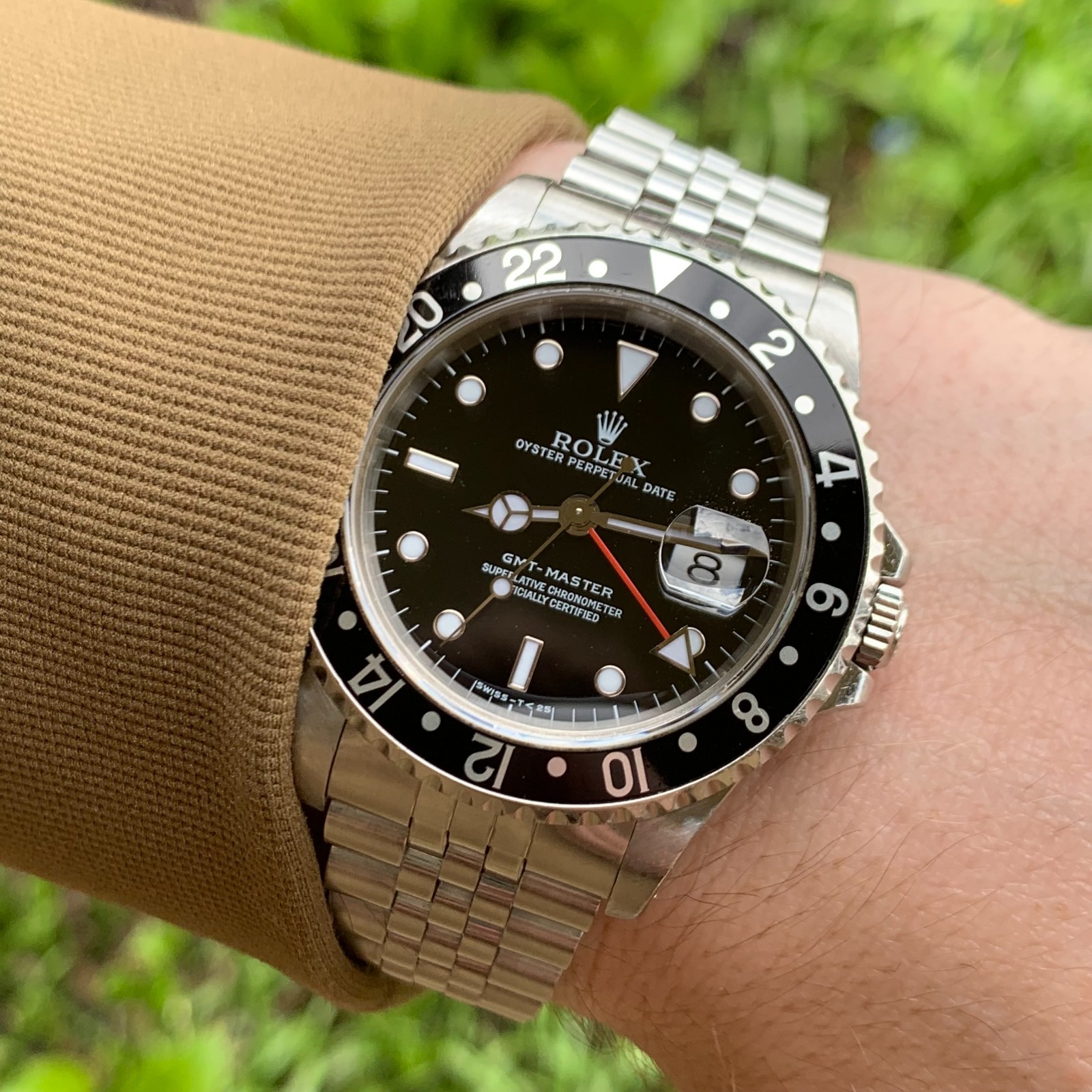 1998 Rolex GMT-Master Ref. 16700 on Jubilee Watch – Unpolished w/ Box & Papers