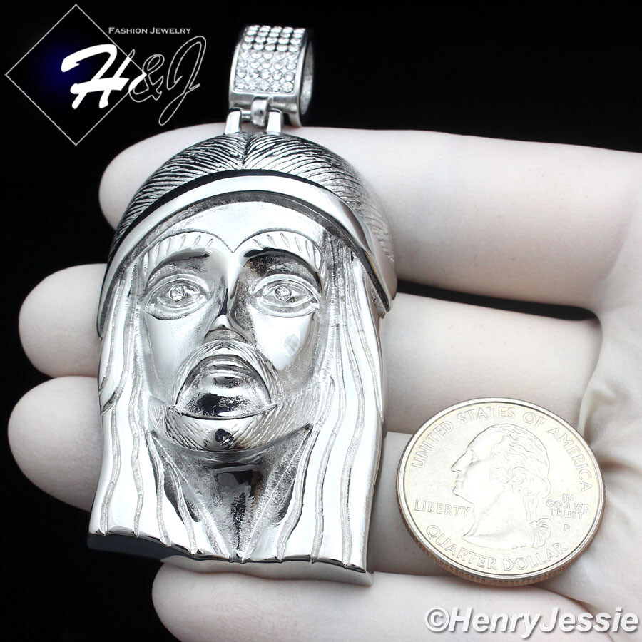 18-40″MEN Stainless Steel 7mm Silver Box Link Chain BIG ICY CZ Jesus Pendant*143