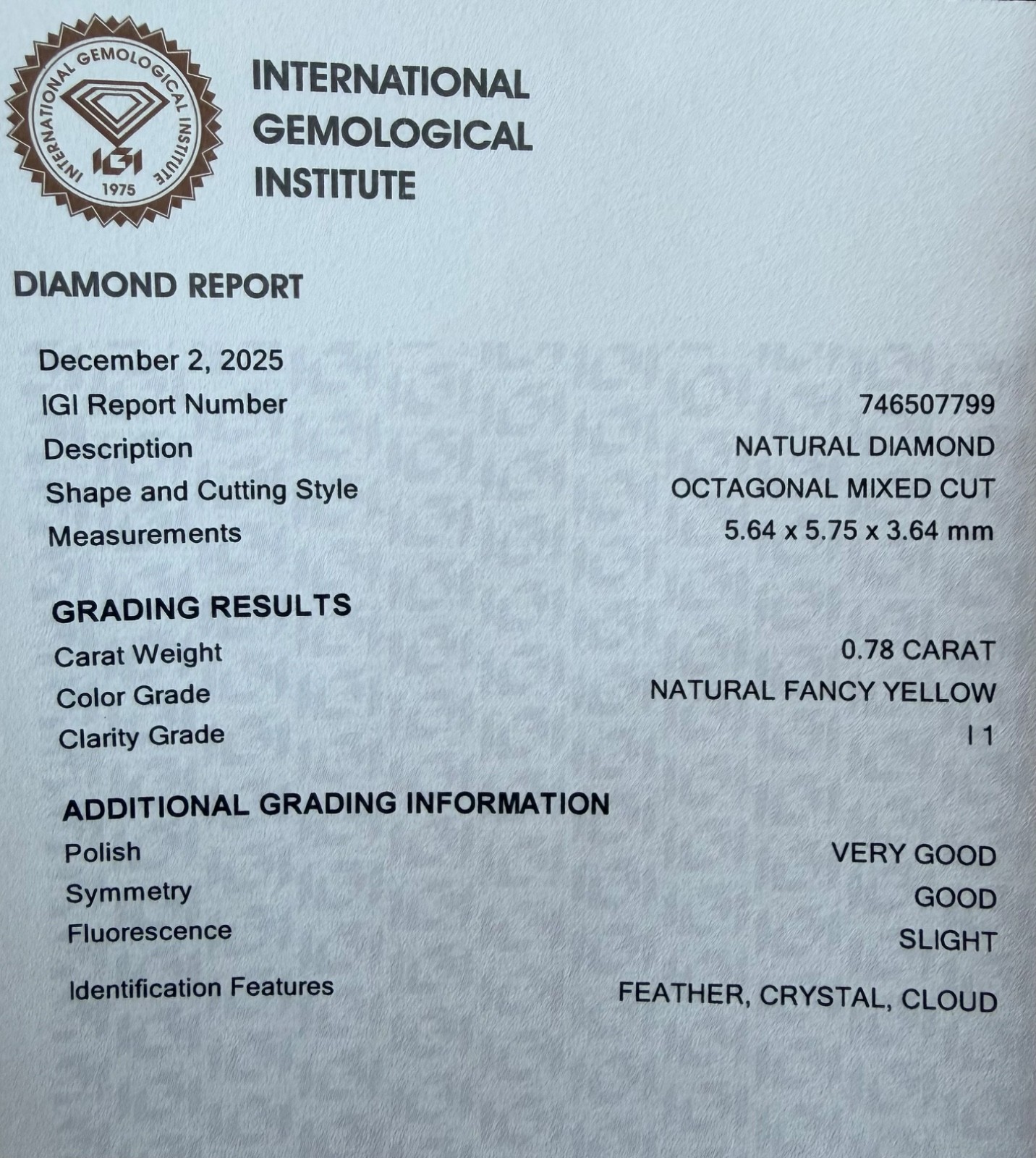 IGI Natural Diamond Octagonal Mixed Cut Natural Fancy Yellow 0.78 Carat