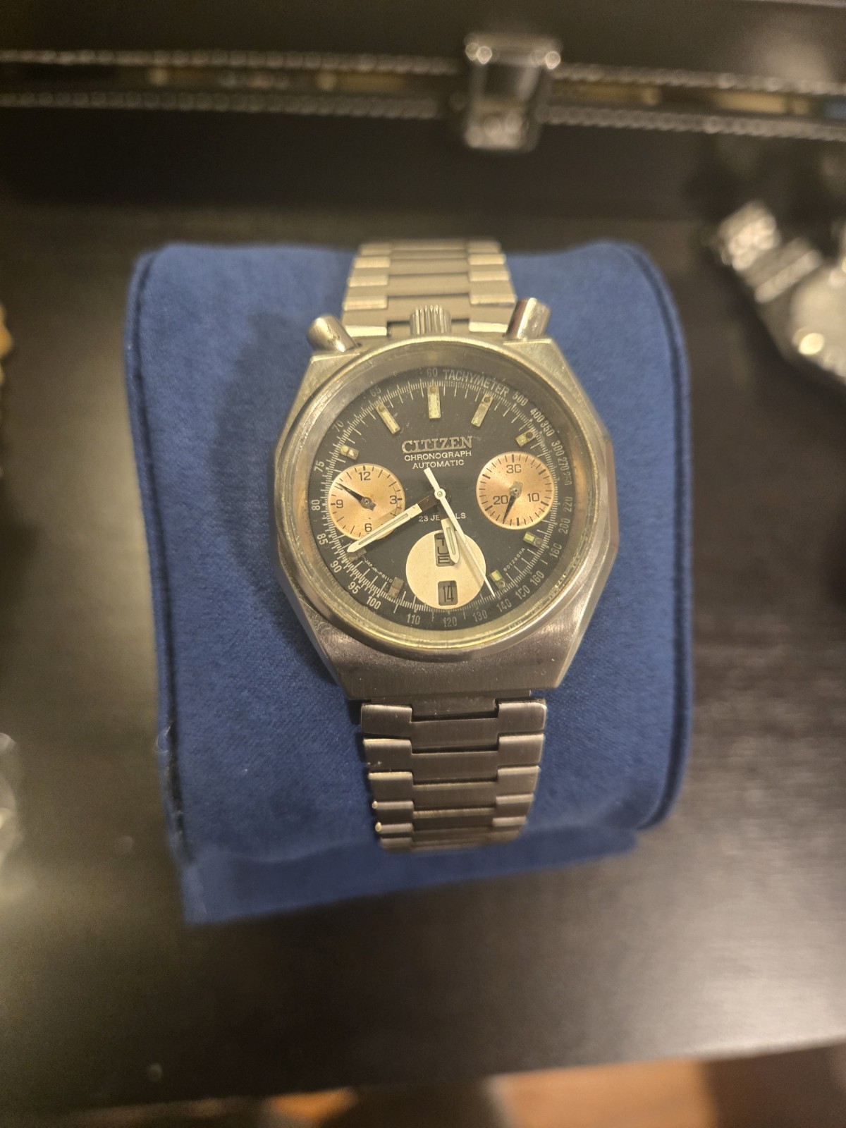 Citizen Bullhead 8110 Automatic Chronograph 23 Jewels Panda Dial. Runs Great