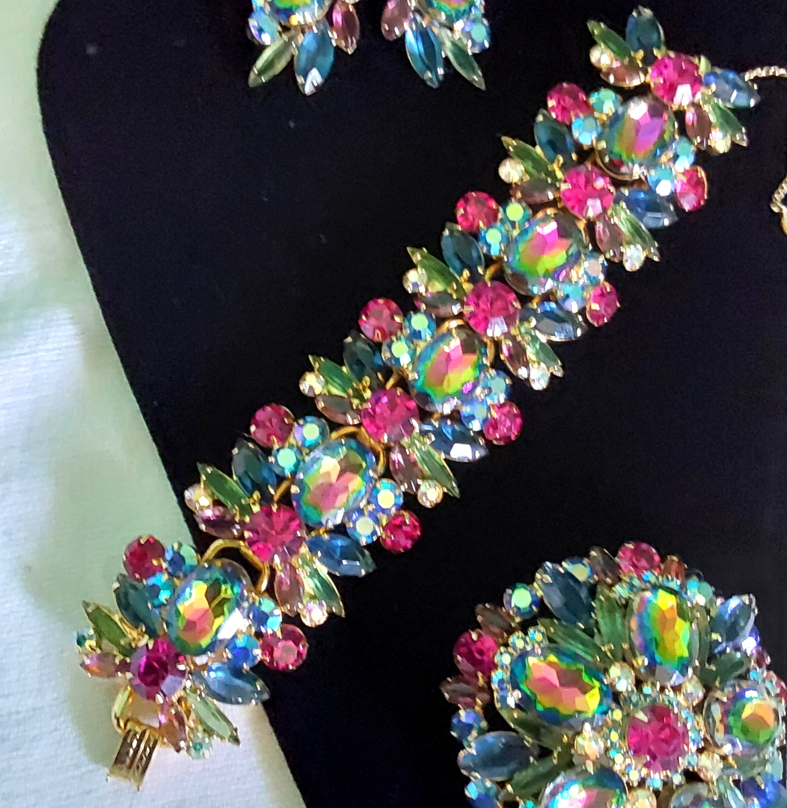 Juliana Rhinestone BRACELET BROOCH EARRING SET Book Pcs Watermelon Vitrail Rare