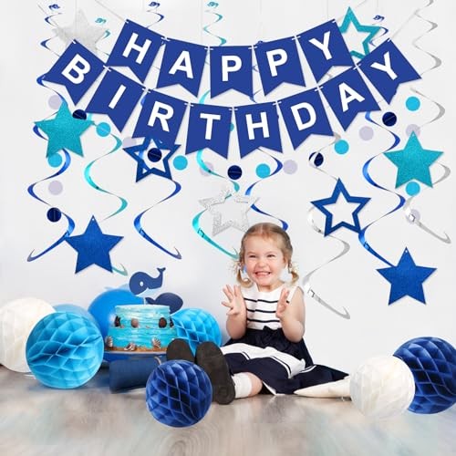 Birthday Decorations, Happy Birthday Banner with Honeycomb Balls, Stars Blue