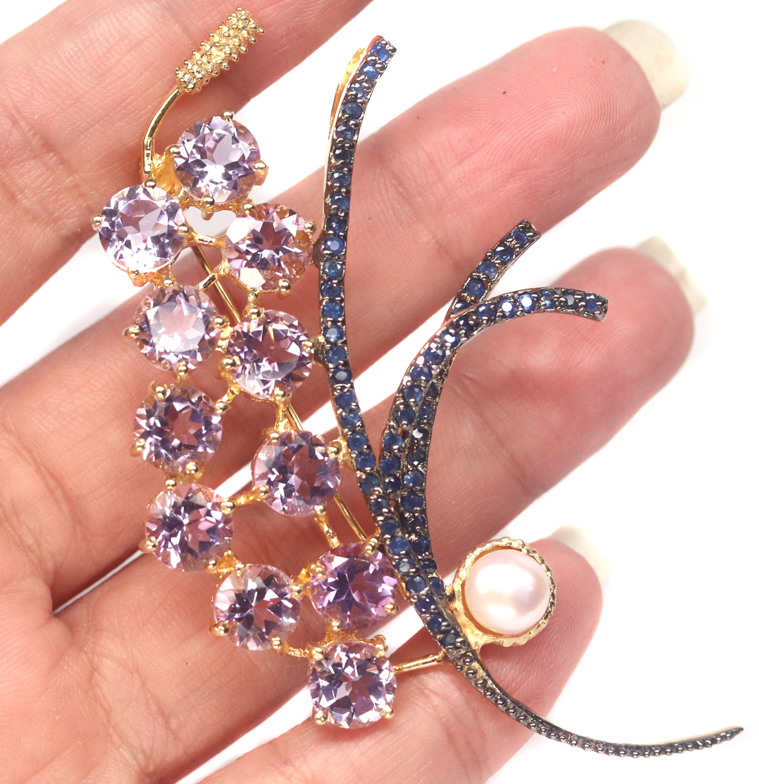 Pink Amethyst Pearl Sapphire Brooch Pendant Sterling Silver 925