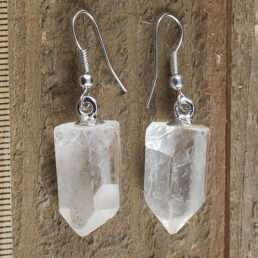 Quartz Earrings Raw Natural Crystal Point Silver Dangle Earring Hook Reiki Heal