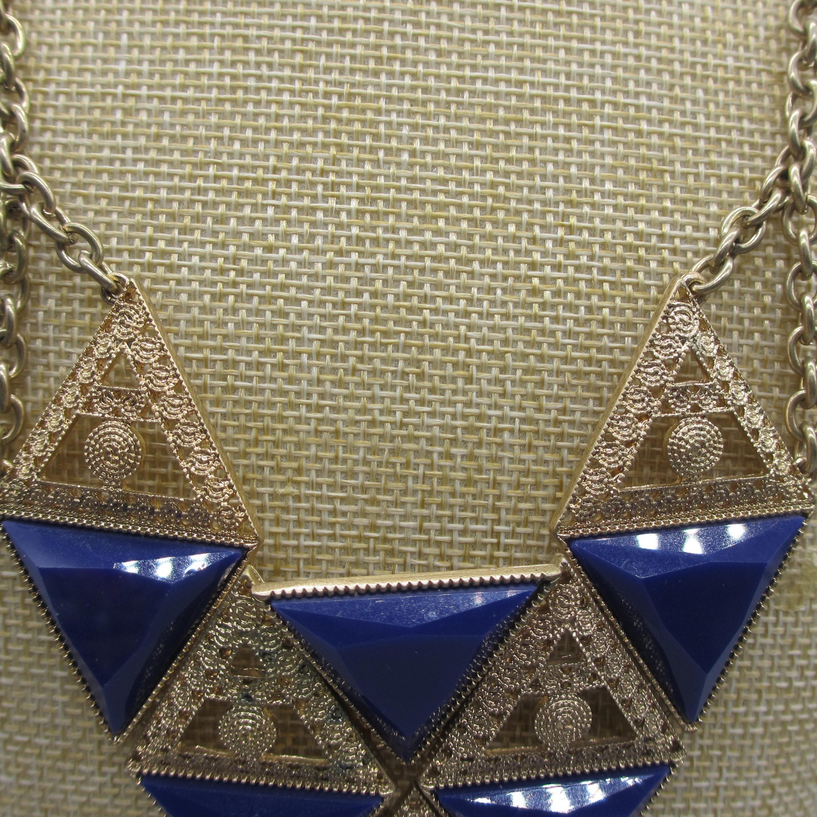 Statement Necklace Triangles Blue Gold Tone Filigree 22 Inch