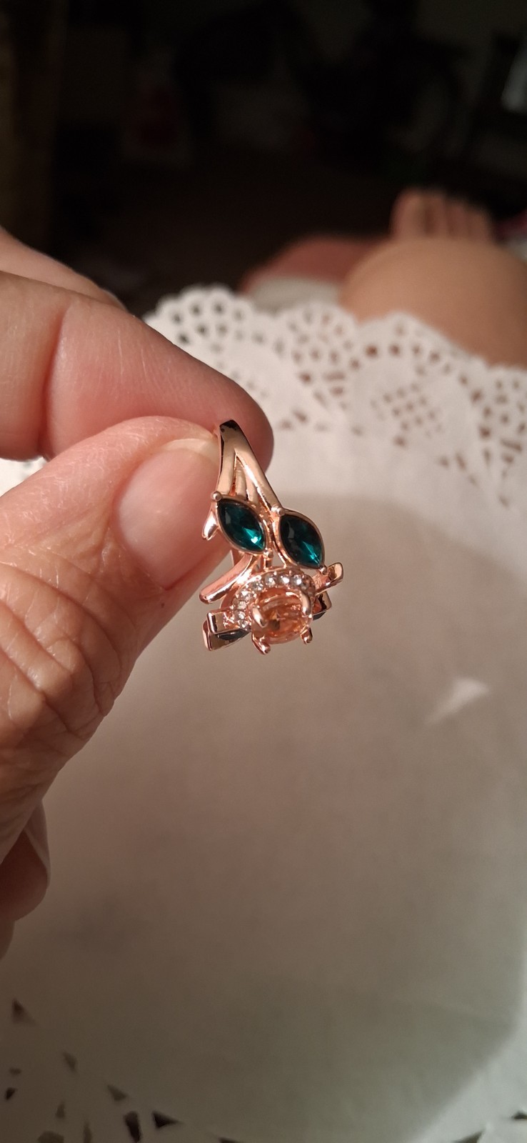 Rose Gold Tone Leaf Cocktail Ring Round Clear Rhinestone Prong Set Size 9