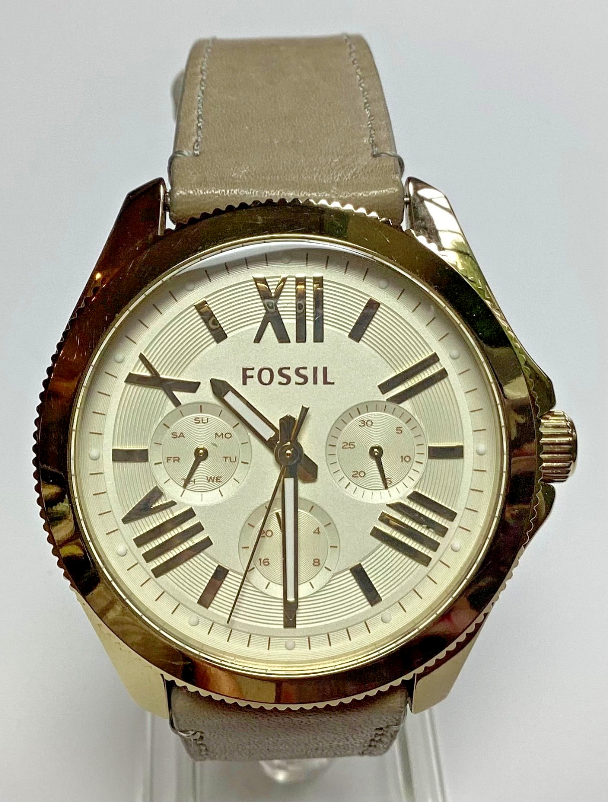 Fossil Womens Watch AM4529 Gold Cream Multi-dial Day Date Taupe Band New Battery