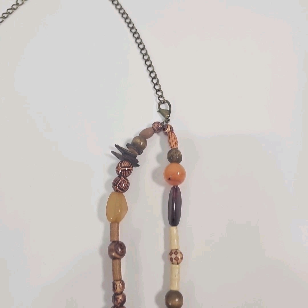 Boho Beaded Necklace Multi Strand Earth Tone Wood Statement 21”