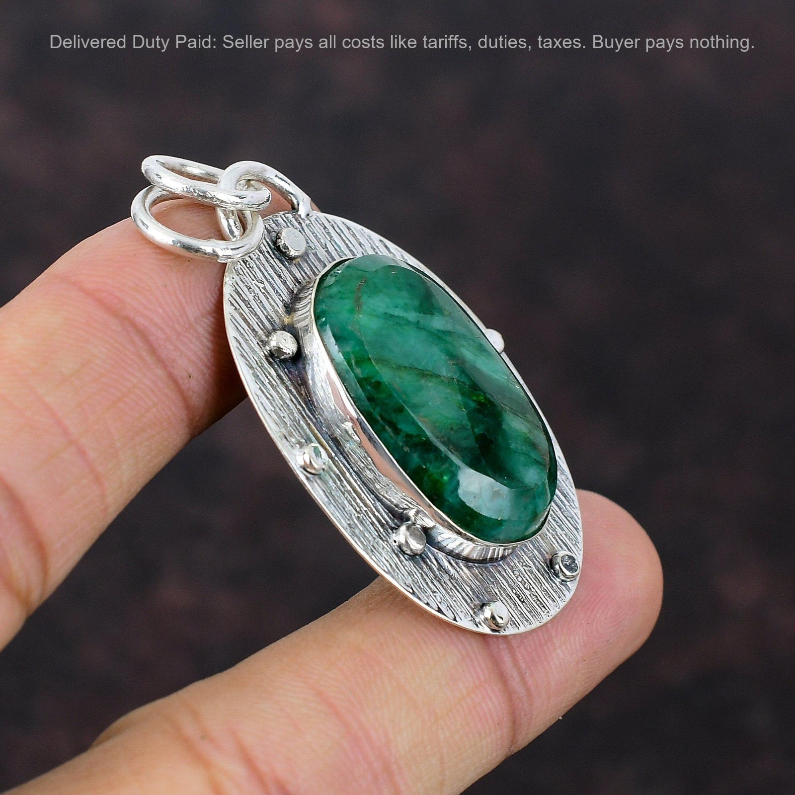 925 Sterling Silver Oval Zambian Emrald Gemstone Mother Handmade Wedding Pendant