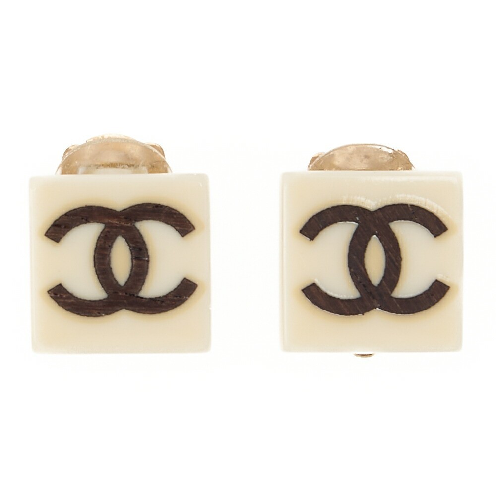 CHANEL Earrings Square Coco Mark White x Black (Gold Plated)Gold-Tone Hardware,