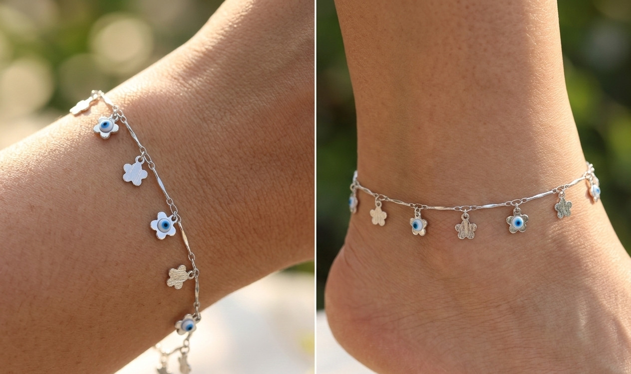 Chic Silver Tone Evil Eye Flower Charm Anklet for Women | Designer 925 Silver