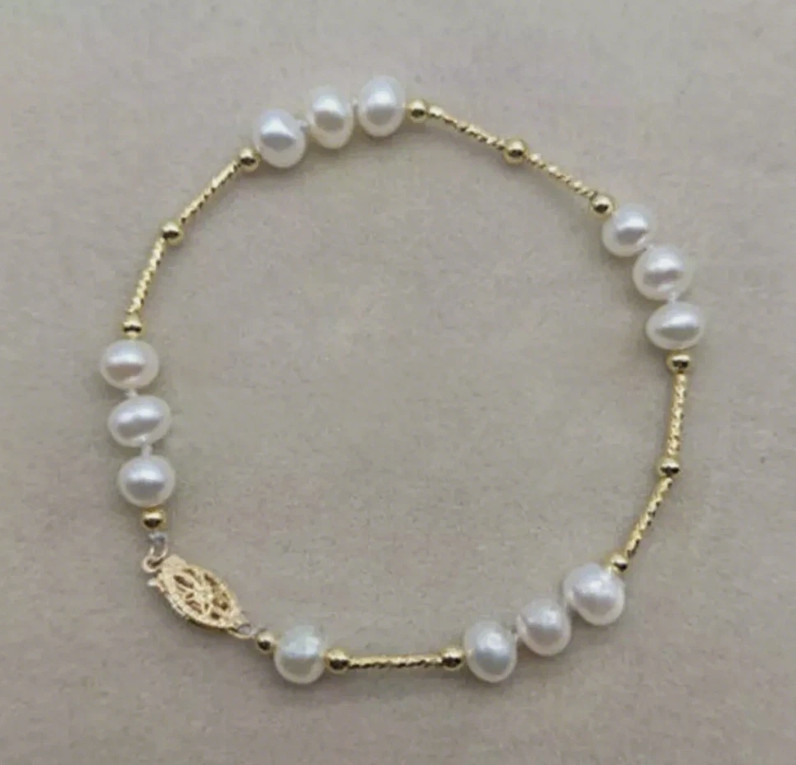 7-8mm AAA Akoya Real Natural White Pearl Bracelet 14k Gold 7.5-8″