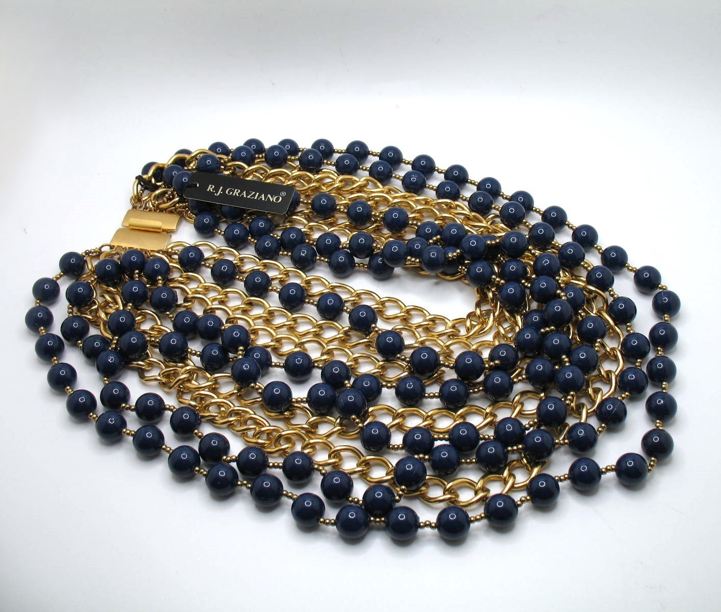 Vintage RJ Graziano 10-strand runway statement bib necklace Navy and goldtone