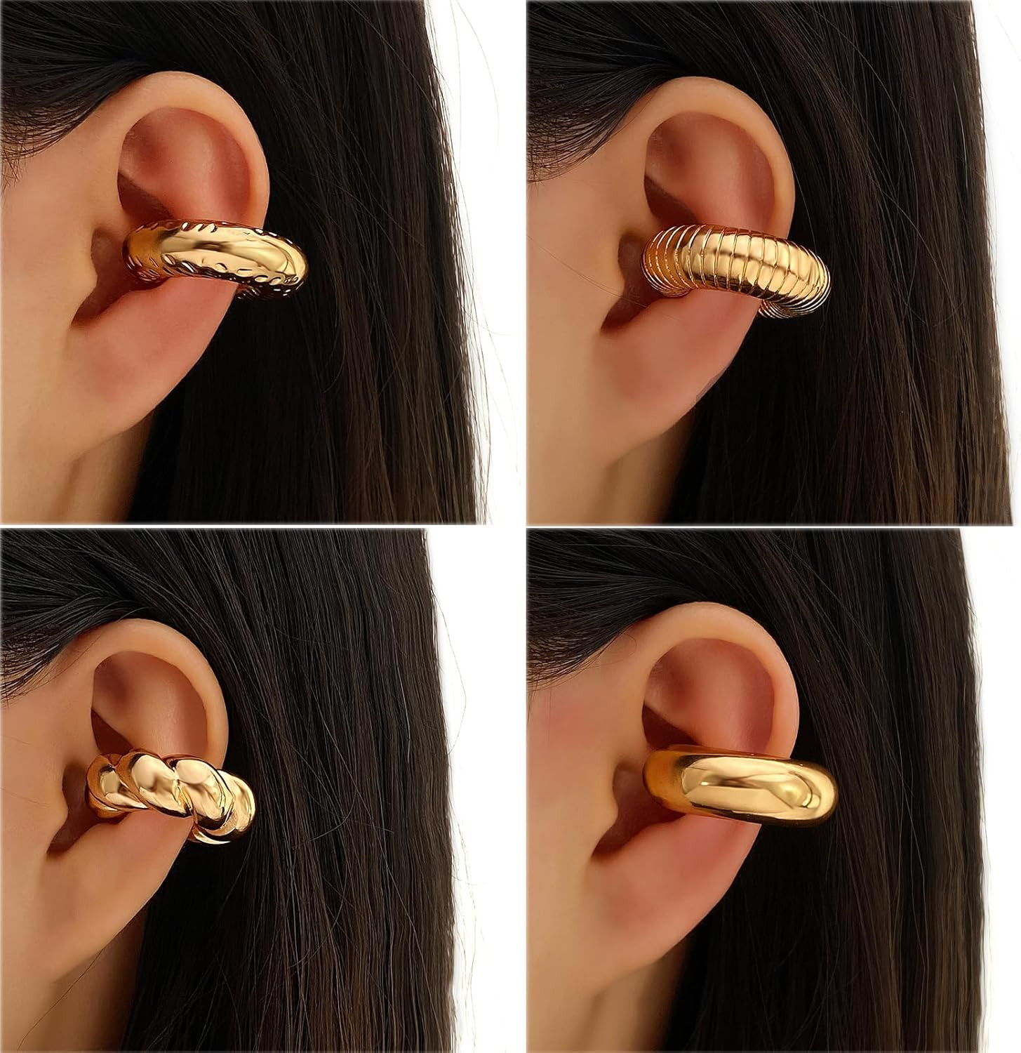 4 Pcs Chunky Ear Cuffs Non Piercing for Women, Golden C-Shaped Clip on Cartilage