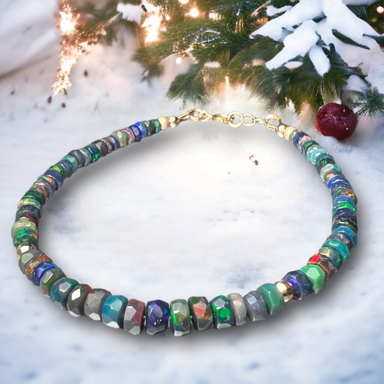 Handmade Solid 14k 585 Rose Gold Natural Black Opal Bracelet 7.32″ – 7.68″