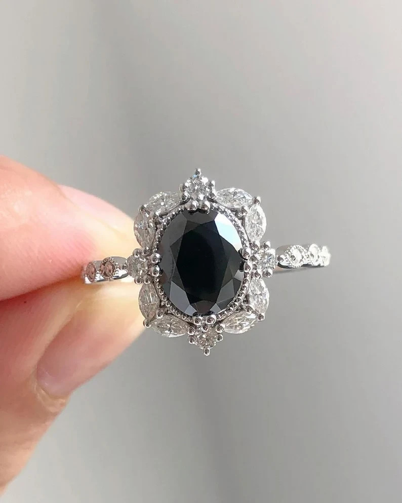2.5Ct Oval Black Onyx Lab Created Diamond 14K White Gold FN Art Deco Style Ring