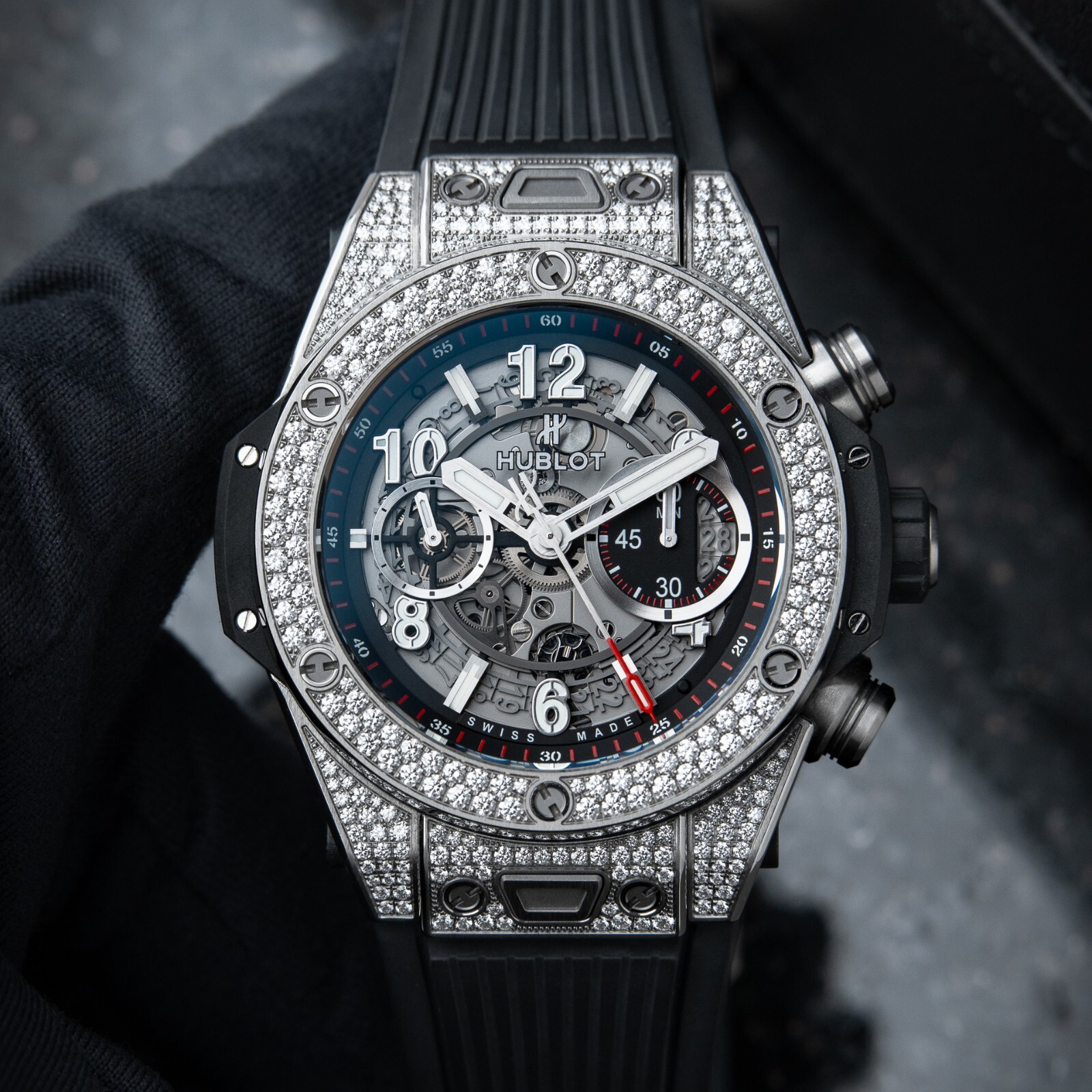 Hublot Big Bang Unico Pavé Openworked Diamonds Titanium Chronograph Set Watch