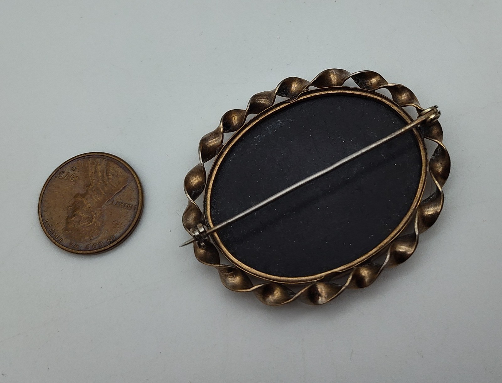 Antique Flower Pietra Dura Stone Black Pink Blue Green Gold Tone Brooch Pin