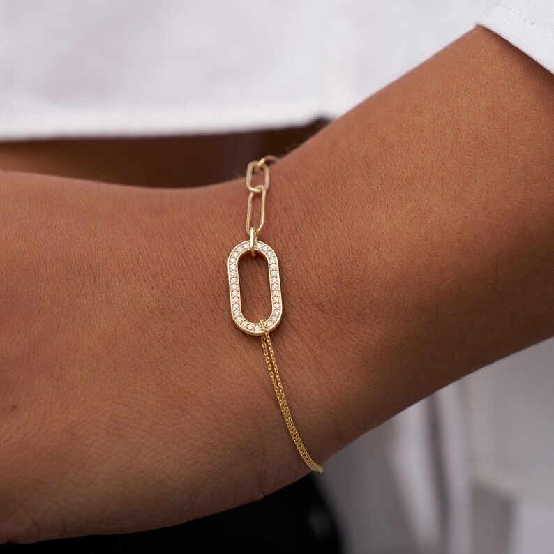 Paperclip Chain Link Statement Bracelet Round Moissanite 14K Yellow Gold Plated