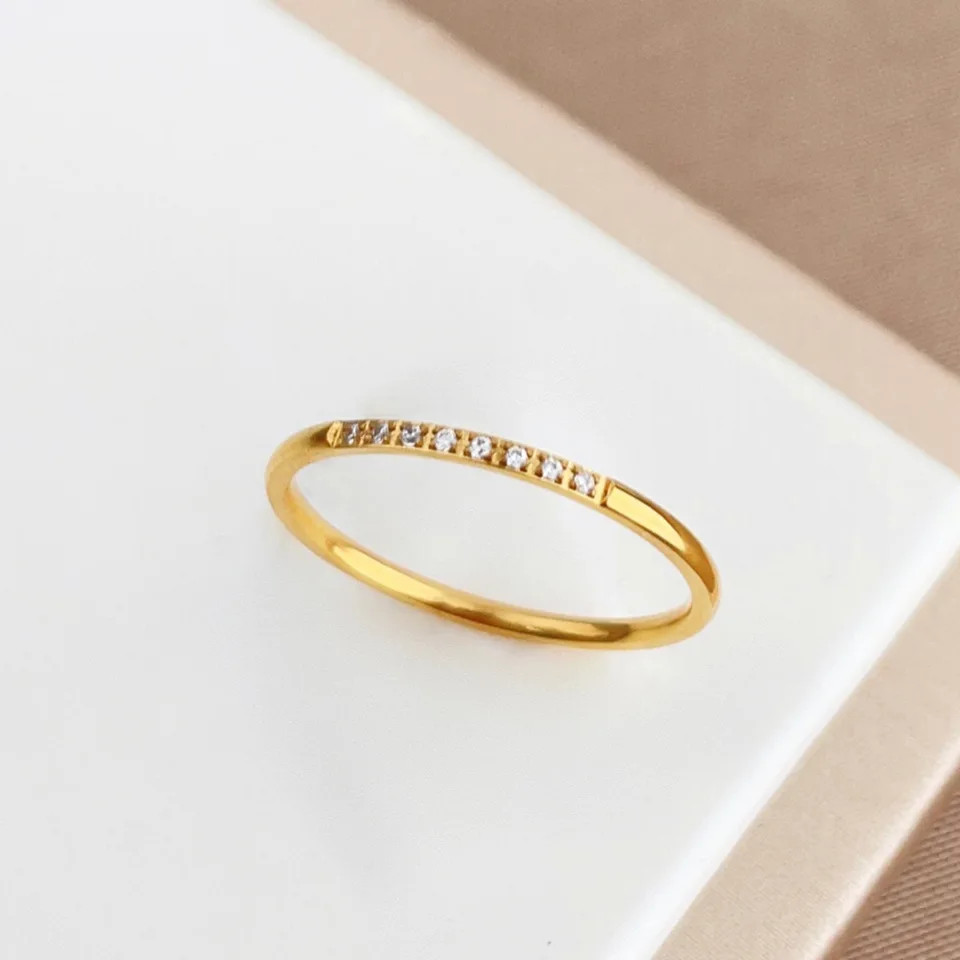 CZ Ring 1mm Thin Round Zircon Gold Tone Stackable Engagement Women Jewelry