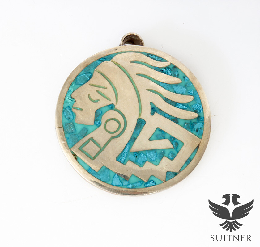 Mayan Head Pendant Silver Turquoise Mexico 925 Sterling