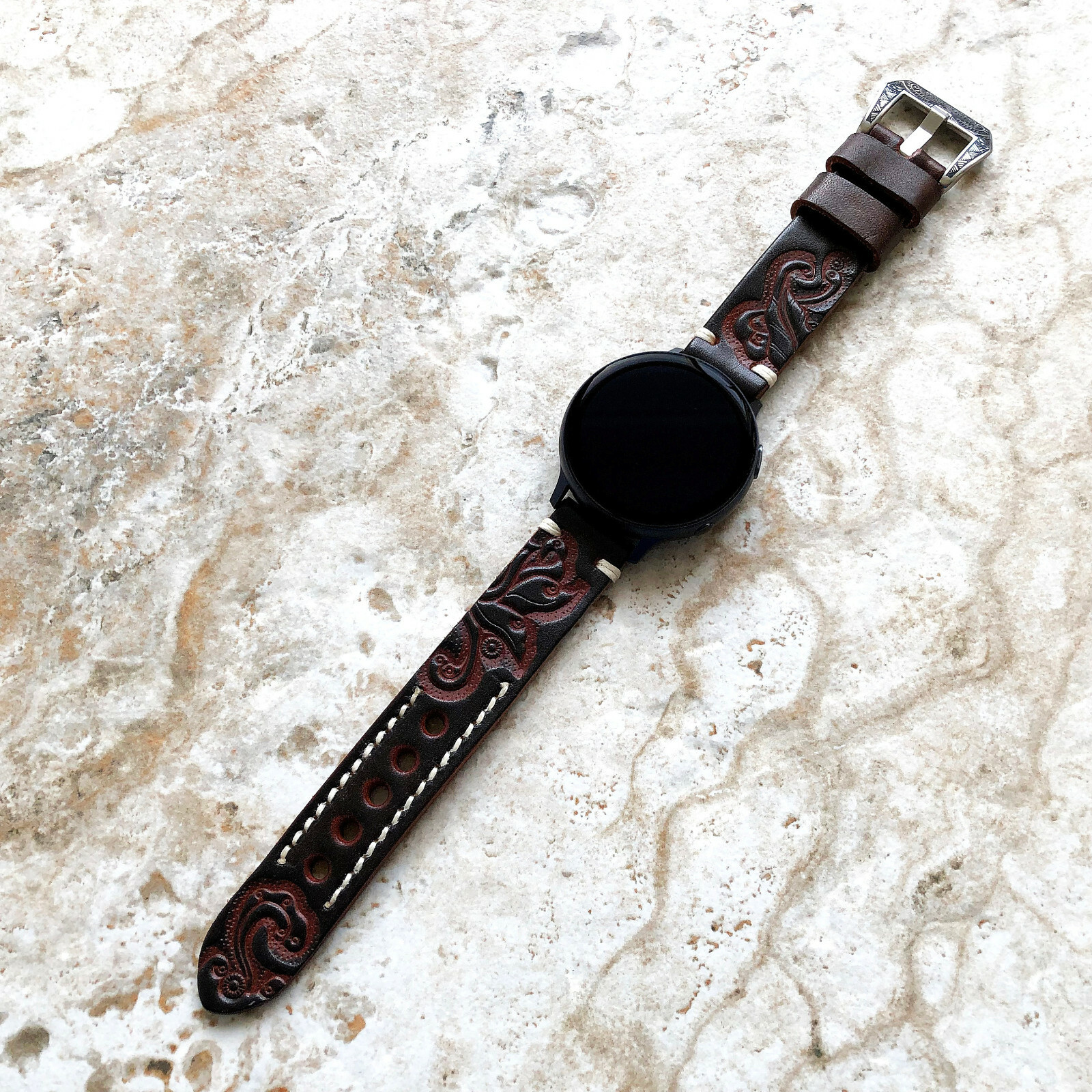 Dark Brown Tooled Band for Samsung Watch 6 5 4 40mm 42mm 43mm 44 45mm 46mm 47mm
