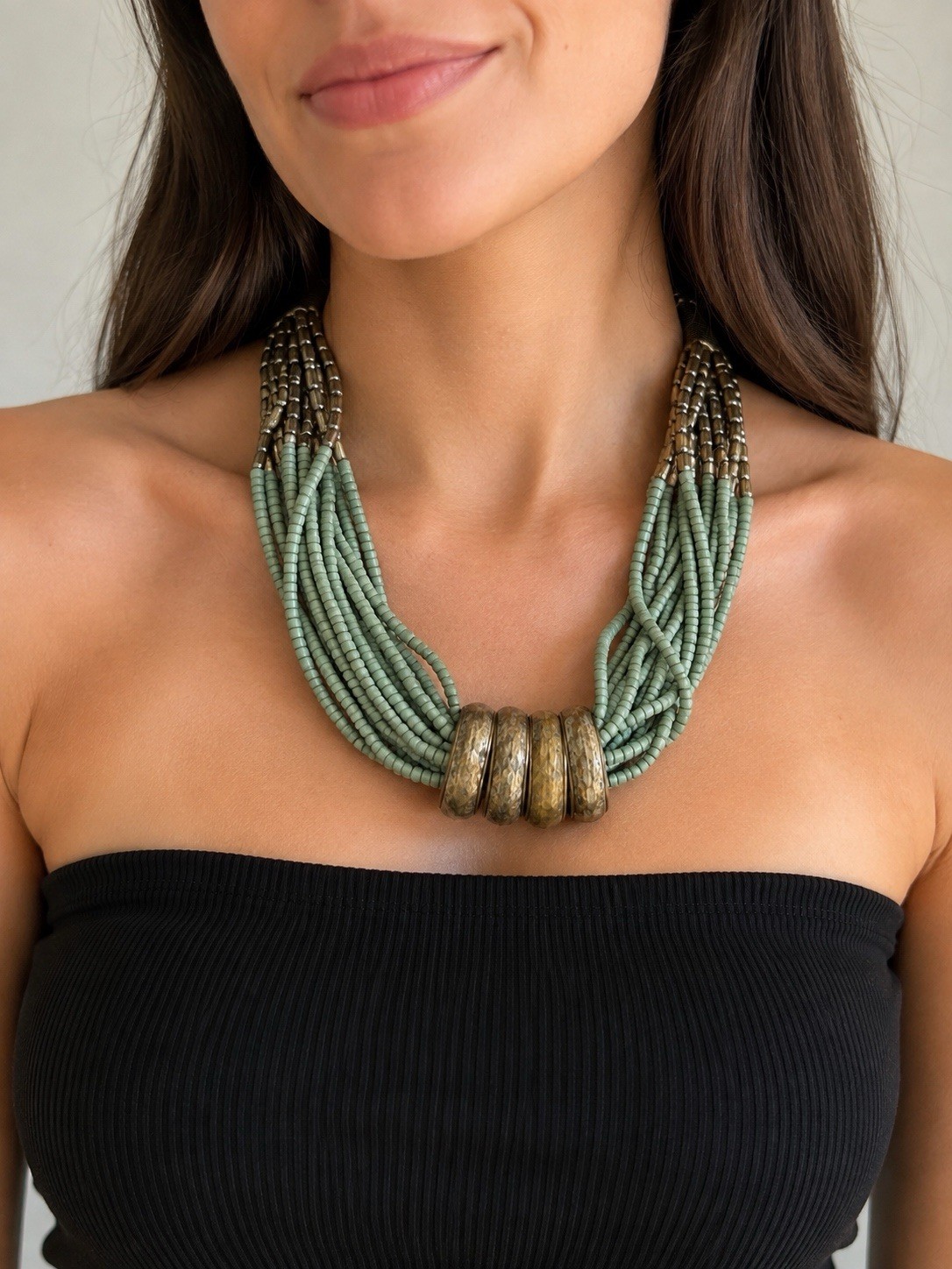 Stunning Boho Multi Strand Sage Green Beaded Statement Necklace Vacation Grail