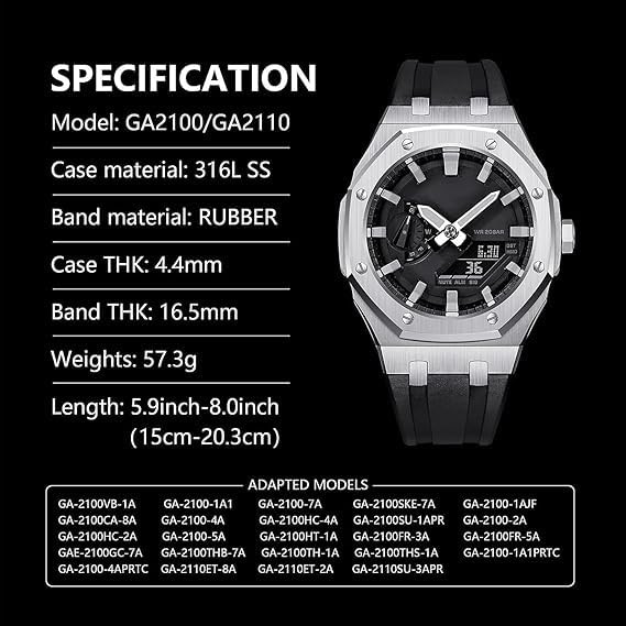 Case Band Mod Kit Bezel Crown Silicone Strap Silver Black GA-2100 GA-2110