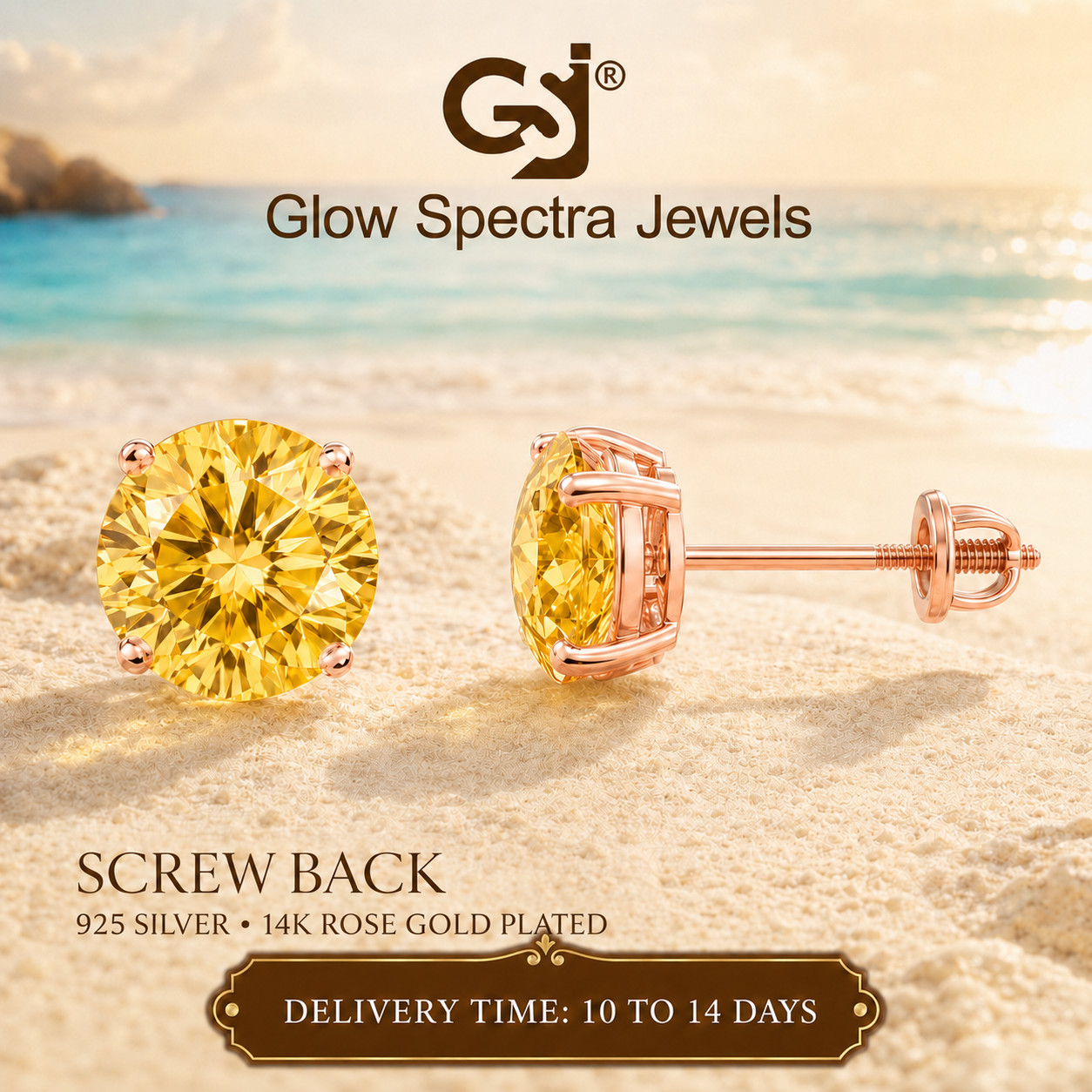 2.00CT Solitaire Yellow Diamond Stud Erring Screw Back 14k Rose Gold Plated