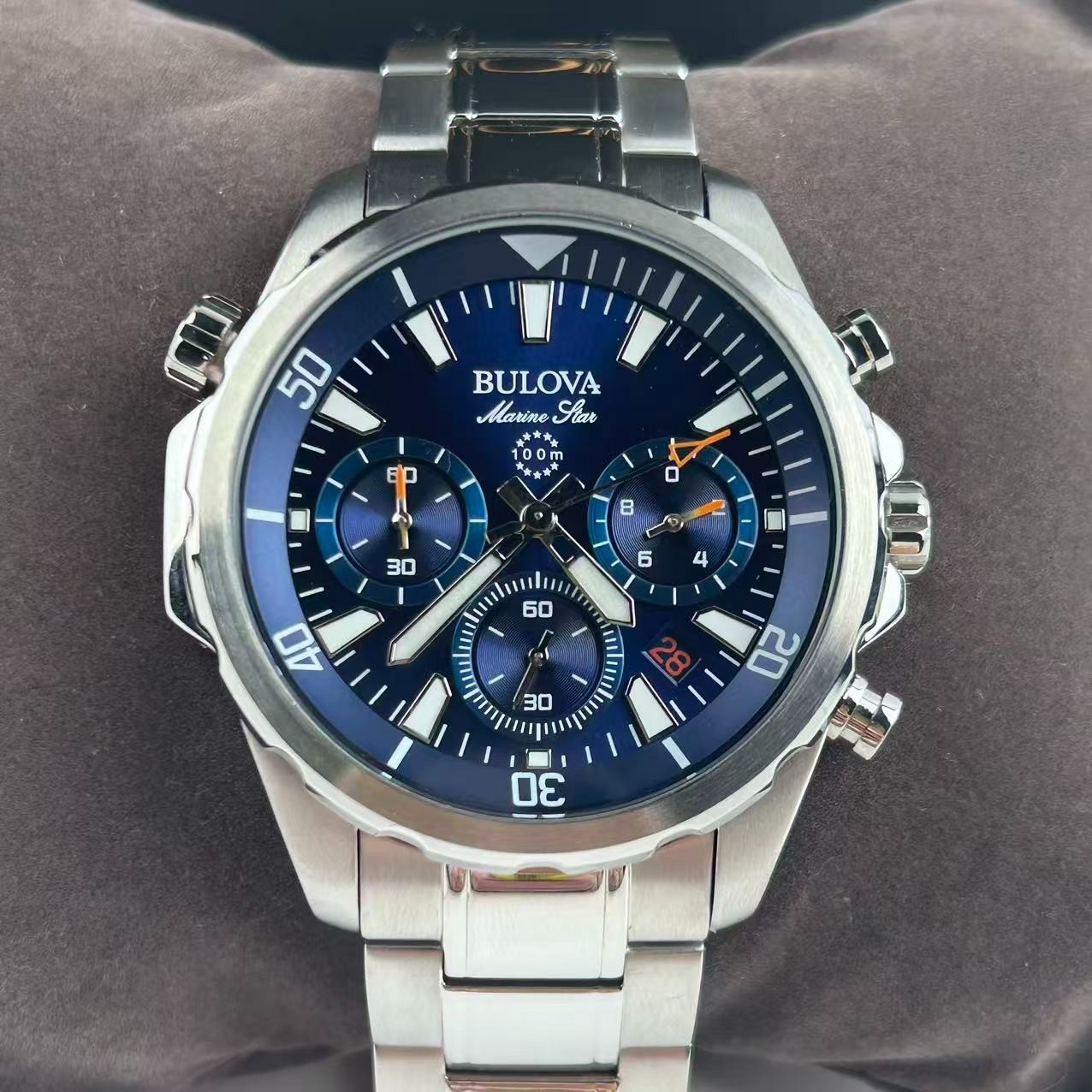 New Bulova Marine Star 96B256 Blue Dial Men’s Chronograph Quartz Watch 43 mm