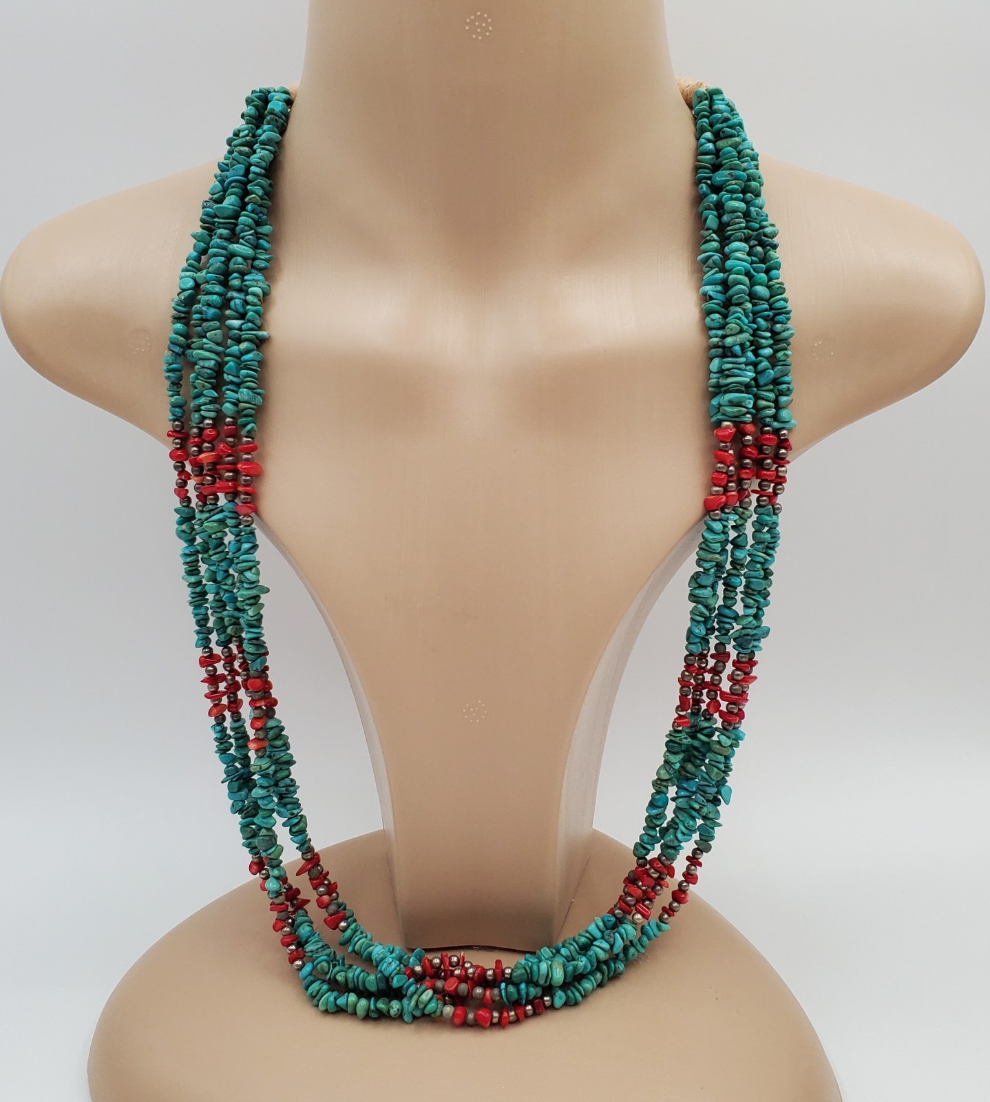 Turquoise Red Coral Necklace 28in Multi Strand Chip Bead Southwest Tribal Wrap