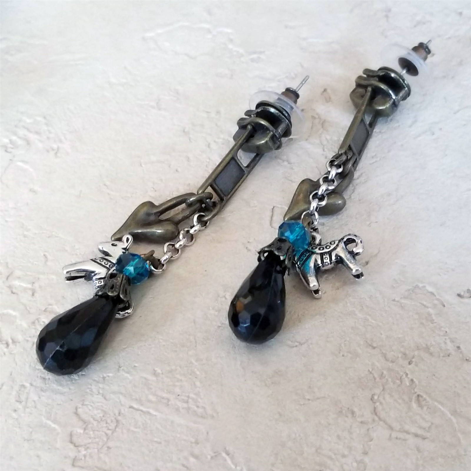 Steampunk Antiqued Brass Kitchen Sink Zipper Heart Teal Black Dangle Earrings