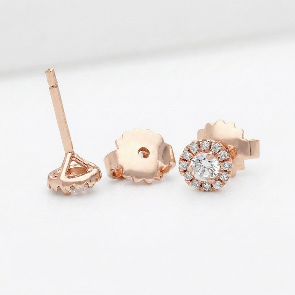 14K Solid Gold 0.50 CT Round Lab Grown Diamond Halo Stud Pushback Fine Earrings