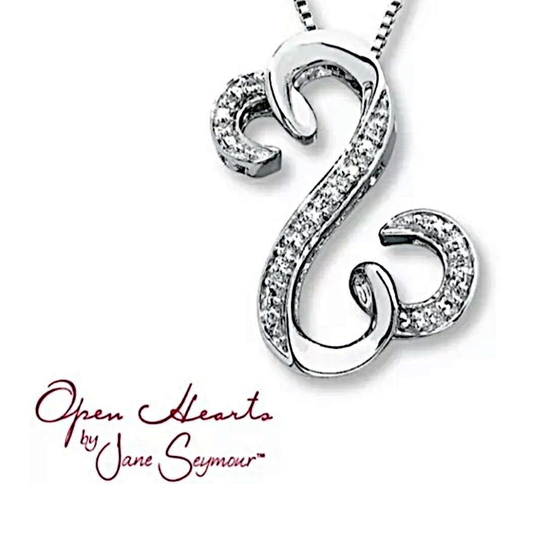 Jane Seymour Open Hearts White Diamond Curlique 925 S. Silver Necklace~MRP $229