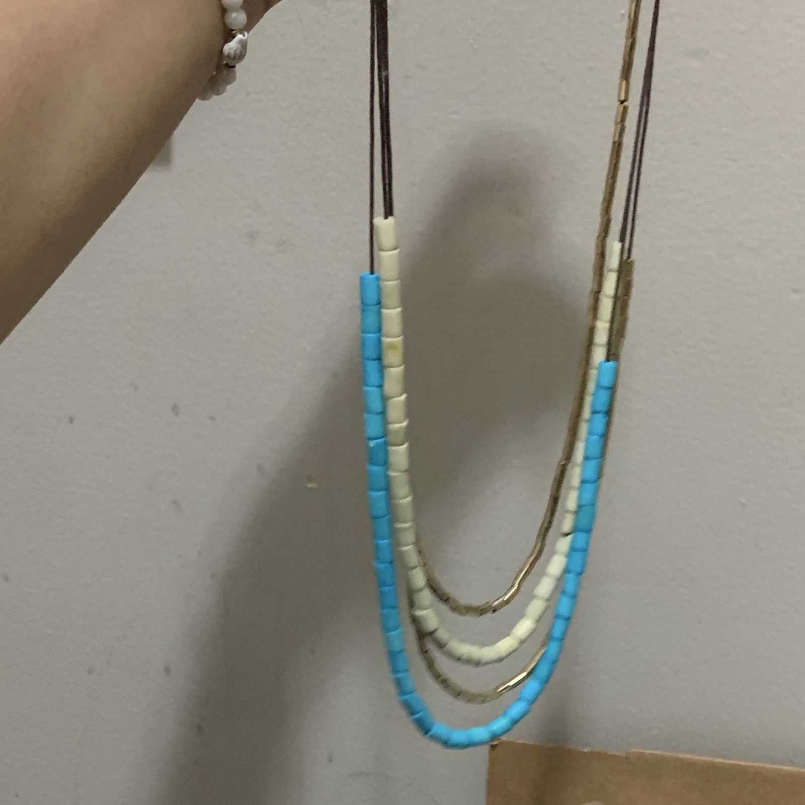 Layered Beaded Cord Necklace Blue White Brown Beads on Brown Cord Chain