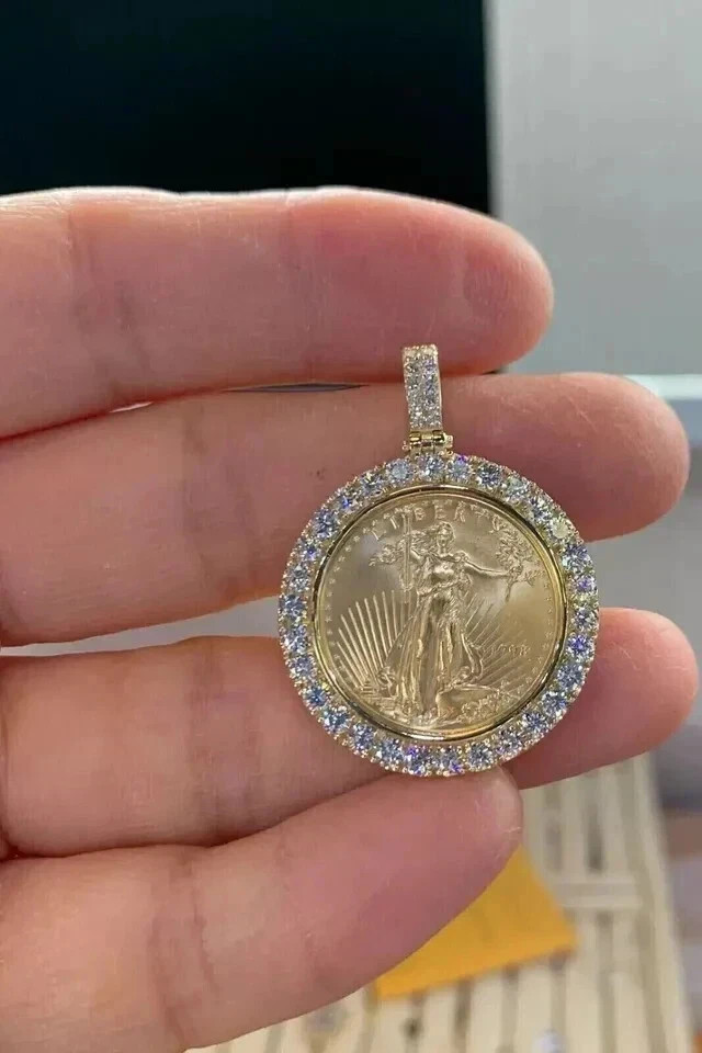 2Ct Round Cut Lab Created Diamond Liberty Coin Pendant 14K Yellow Gold Plated