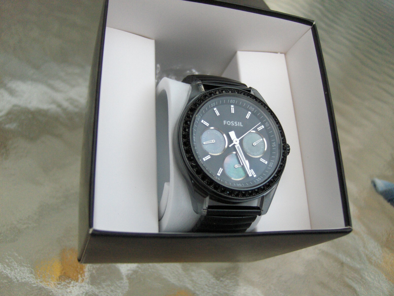 FOSSIL ES 2954 STELLA BLACK SWAROVSKI BEZEL STONE 3 EYE CHRONOGRAPH TWIST O FLEX