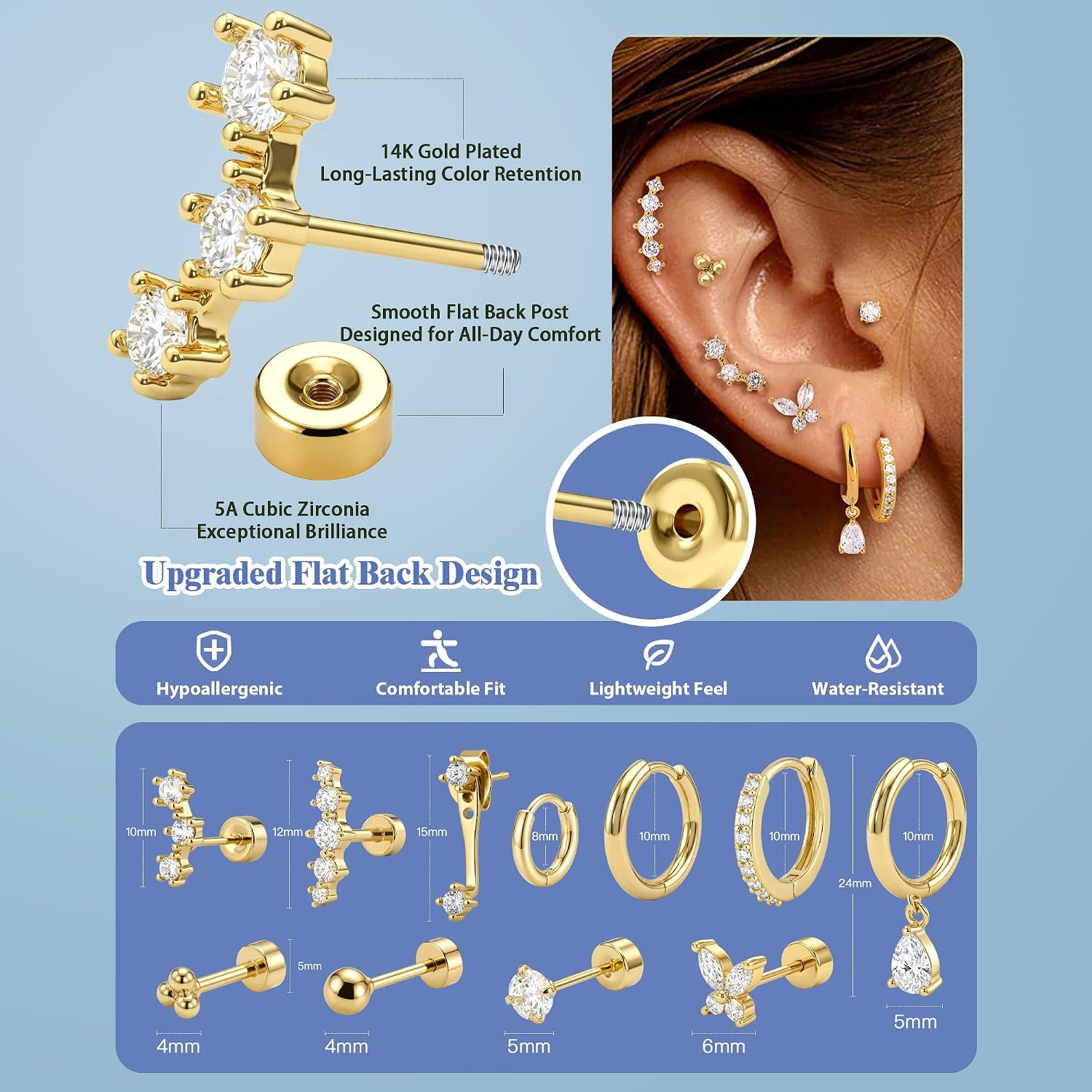 Hypoallergenic Flat Back Earrings Set for Women | Cartilage Earrings Stacks | 14