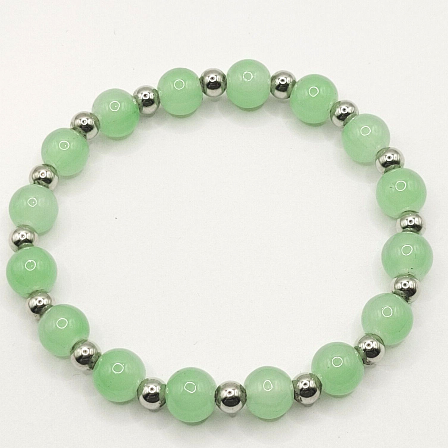 Modern Three Glass Bead w Rhinestone Jade Milky Glass Color Stretch Bracelet Set