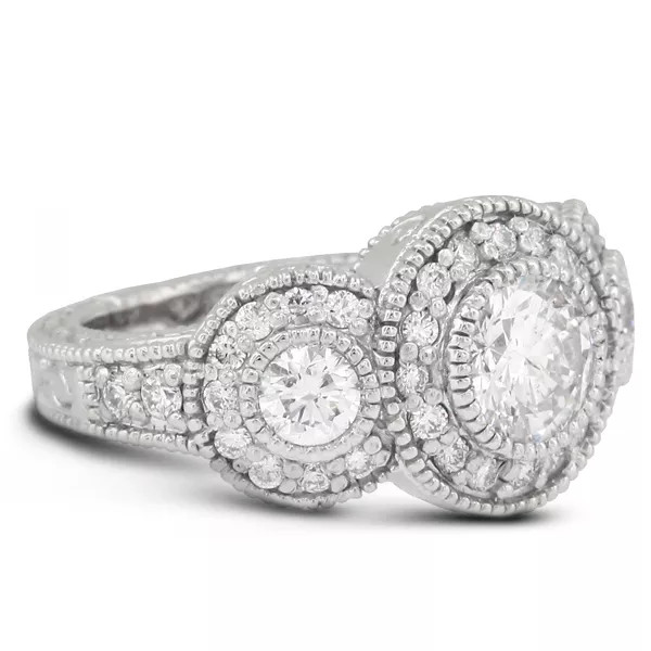 3-Stone Engagement Ring 14K Gold Vintage 2.14 CT Round Lab-Grown Diamond F VS1