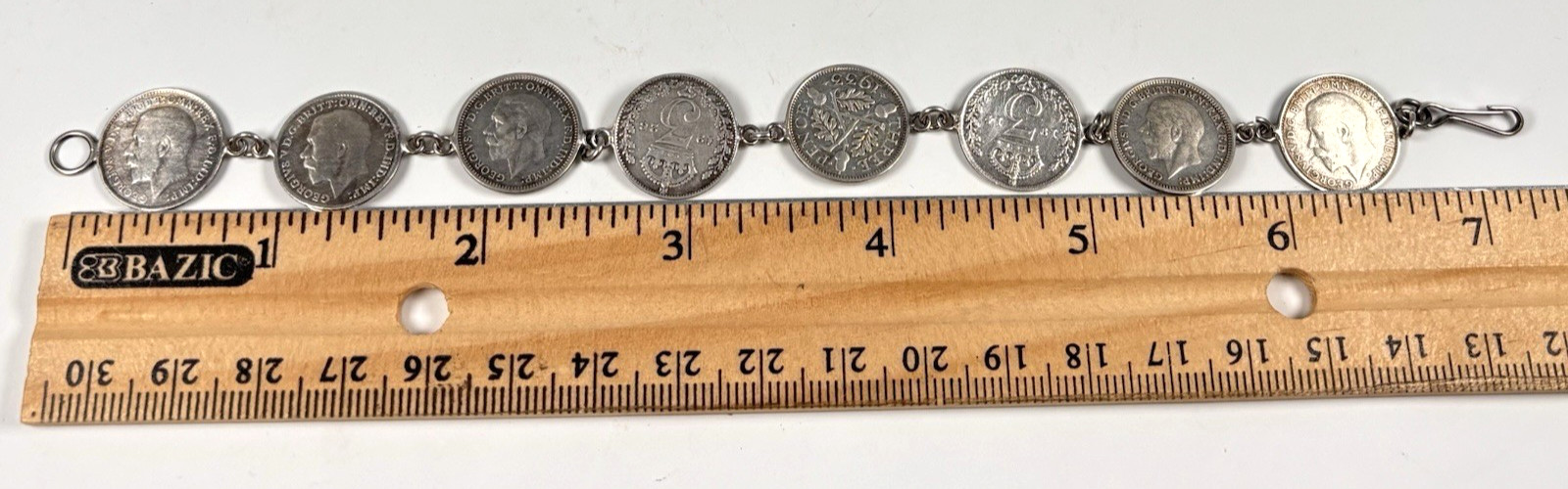 Vintage Silver Charm Bracelet King George V Three Pence Coins British Retro